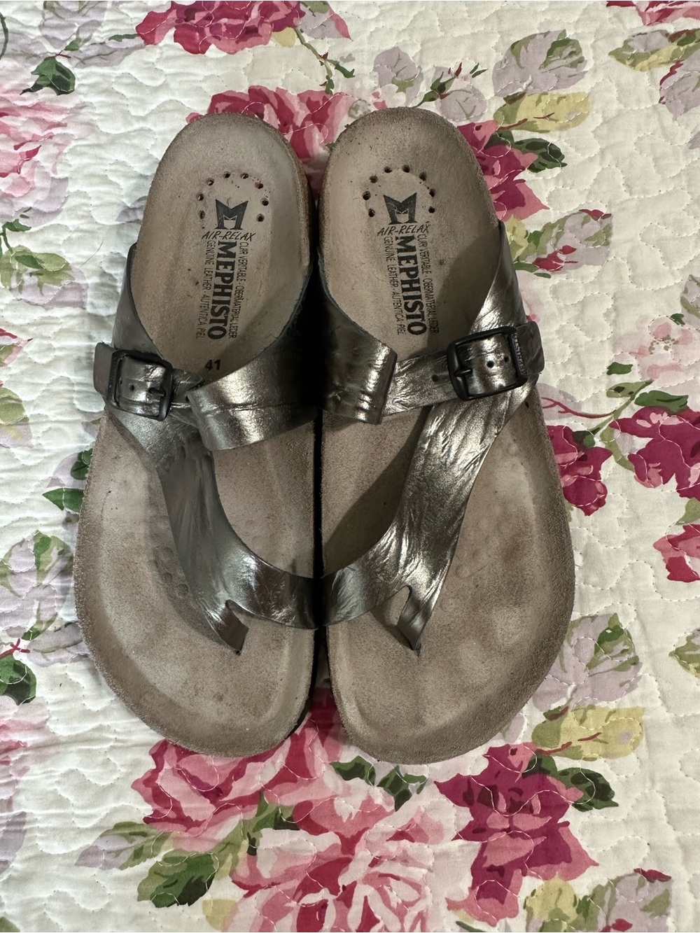 Mephisto Helen Plus Women's Metallic Pewter Thong Sandals with Buckle